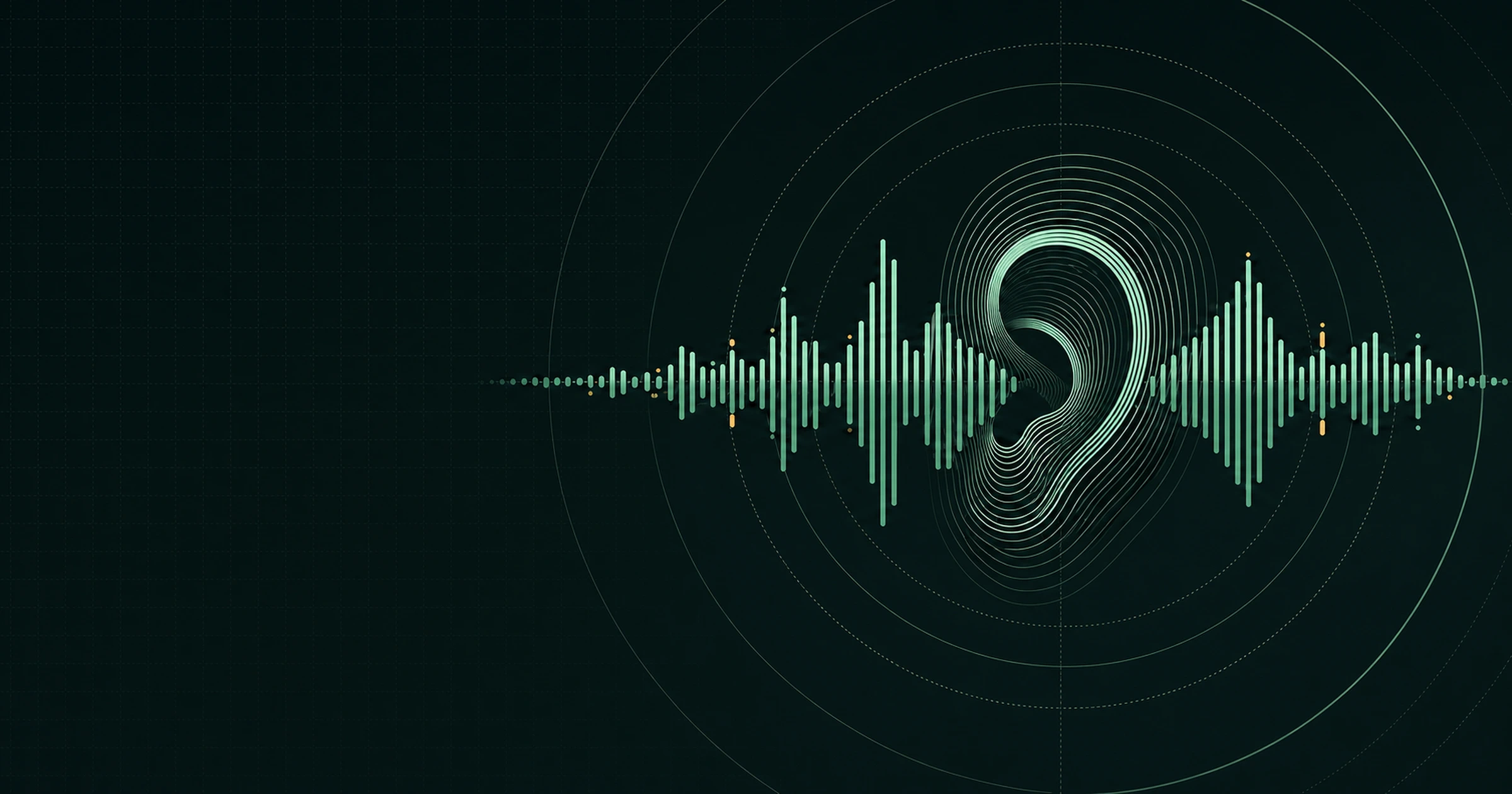 A mint audio waveform flowing through a contour-line ear