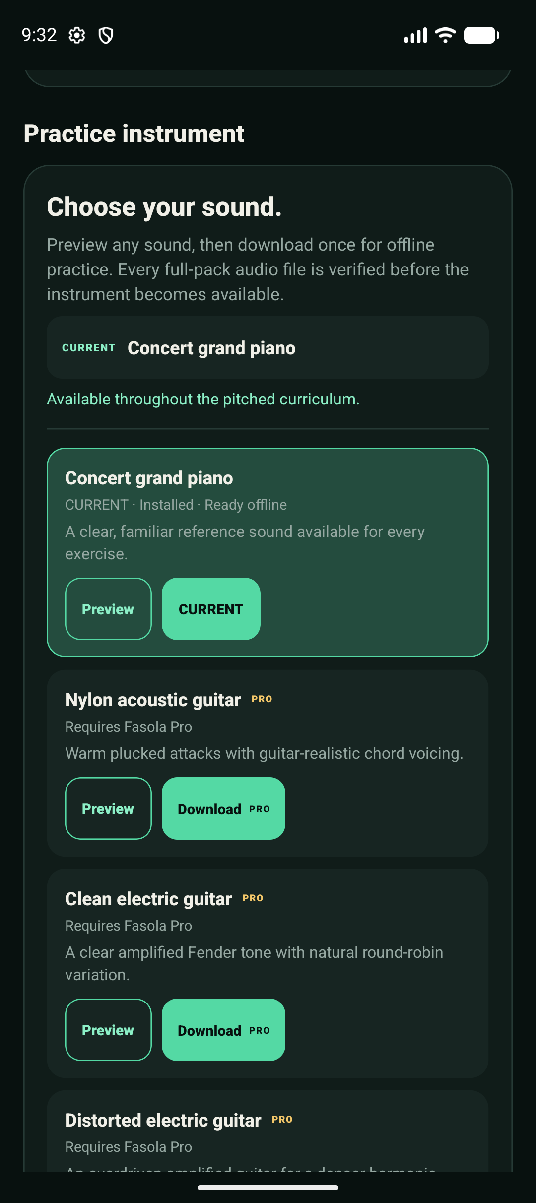 Fasola instrument selector in dark mode