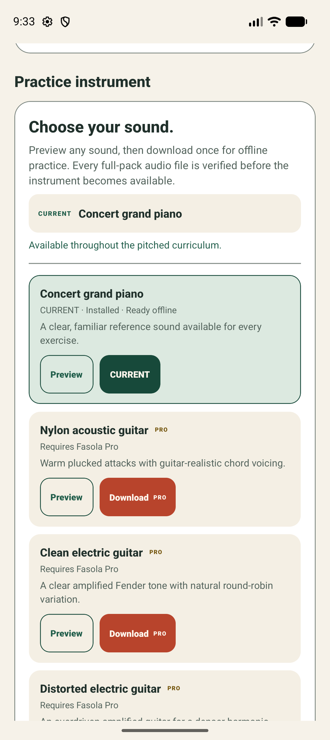 Fasola instrument selector in light mode