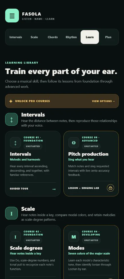 Fasola Learning Library showing guided ear-training courses