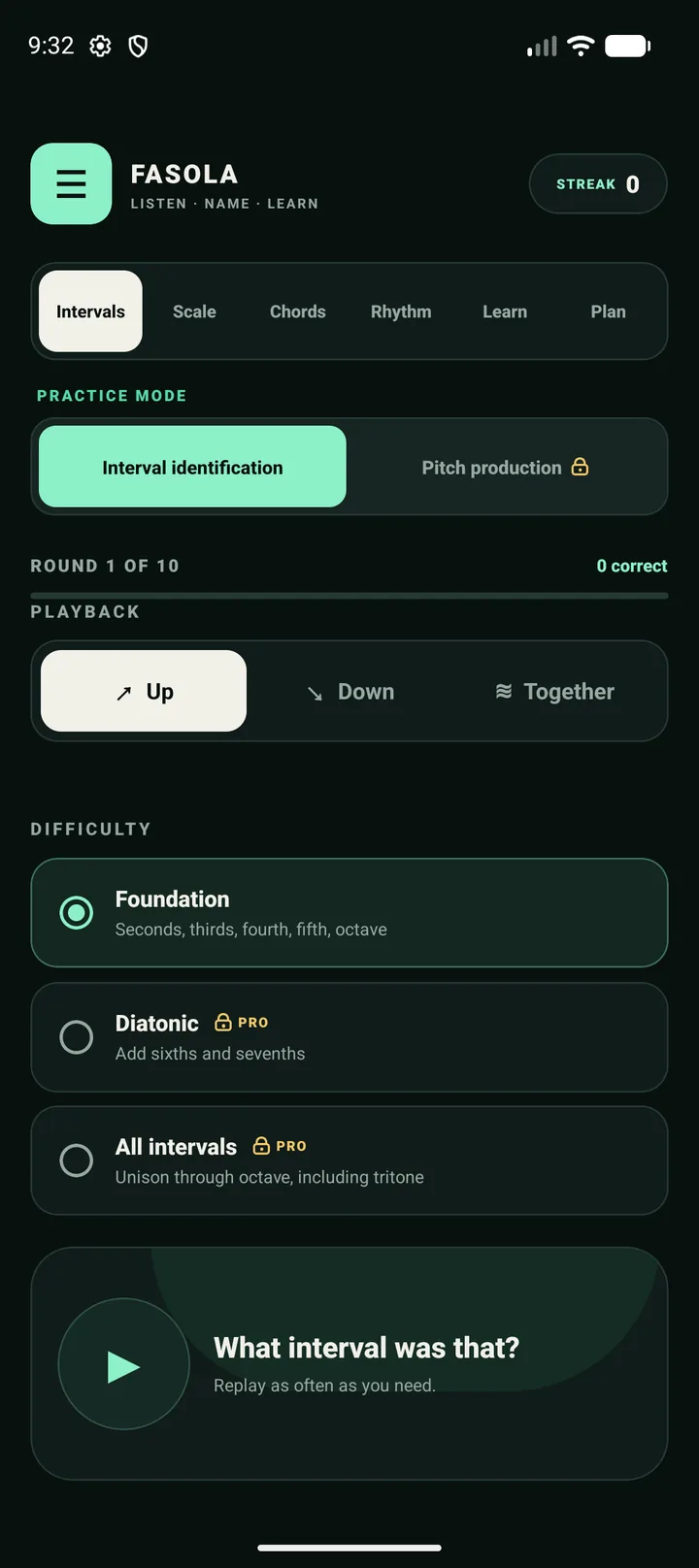 Fasola interval practice in the dark theme